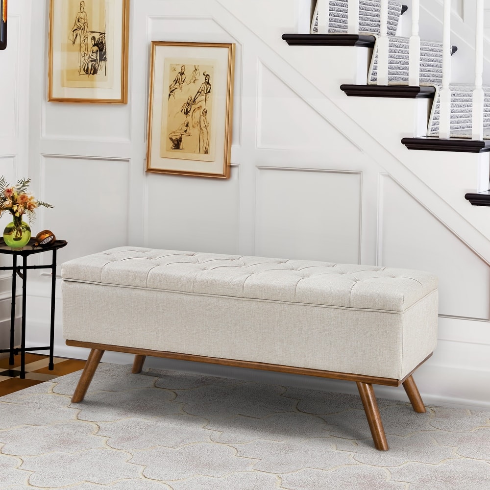 Modern Upholstered Storage Ottoman Button Tufted Storage Bench with Linen Seat End of Bed - 17.5 D X 50.4 W X 20.5 H