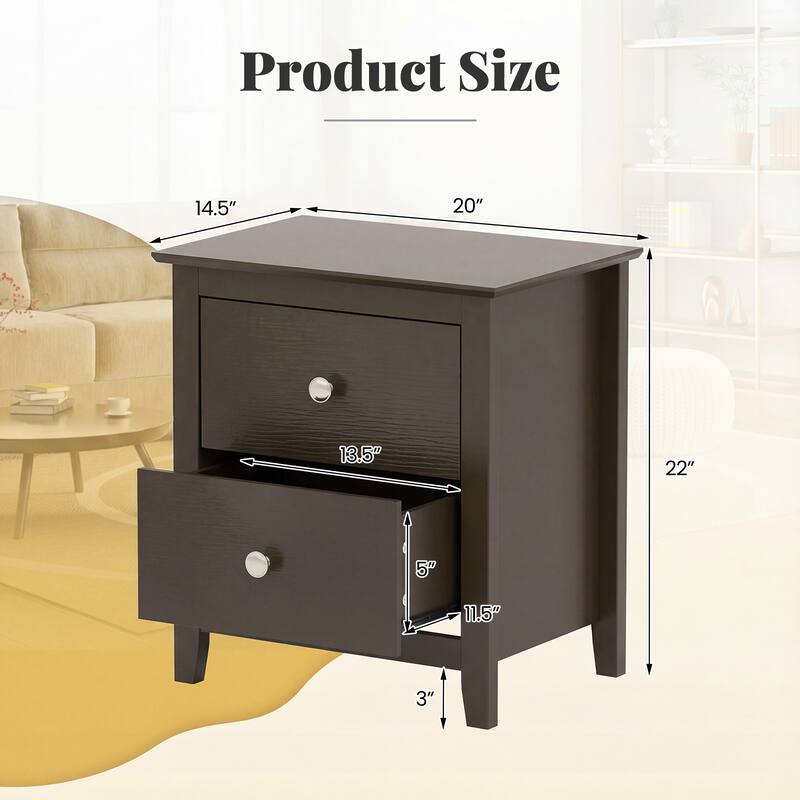 Gymax 2PCS Modern Nightstand w/ Storage 2 Drawers & Support Legs for