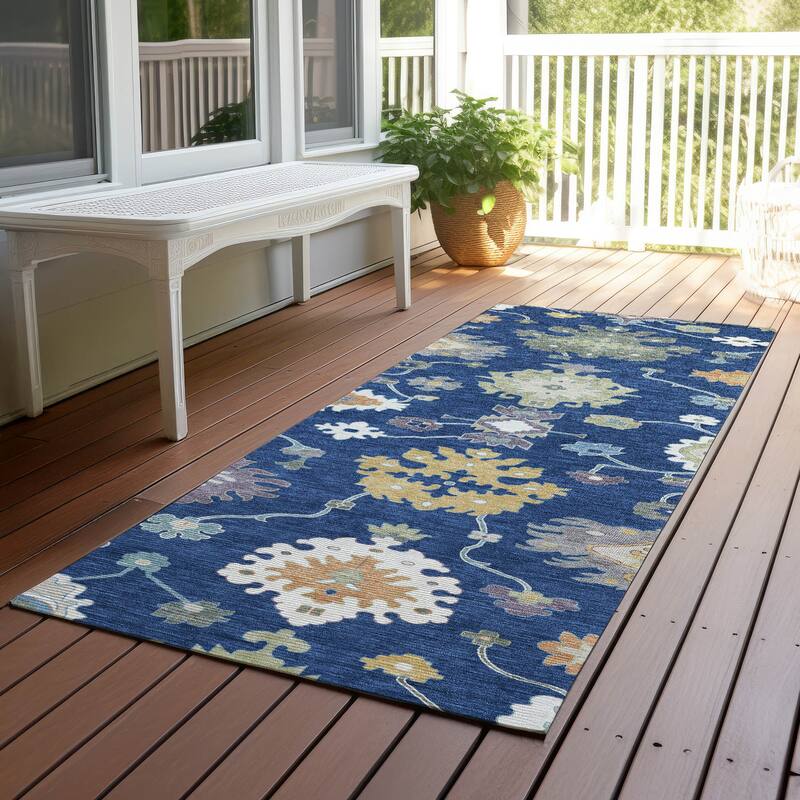 Machine Washable Indoor/ Outdoor Traditonal Delhi Chantille Rug - Navy - 2'3" x 7'6"