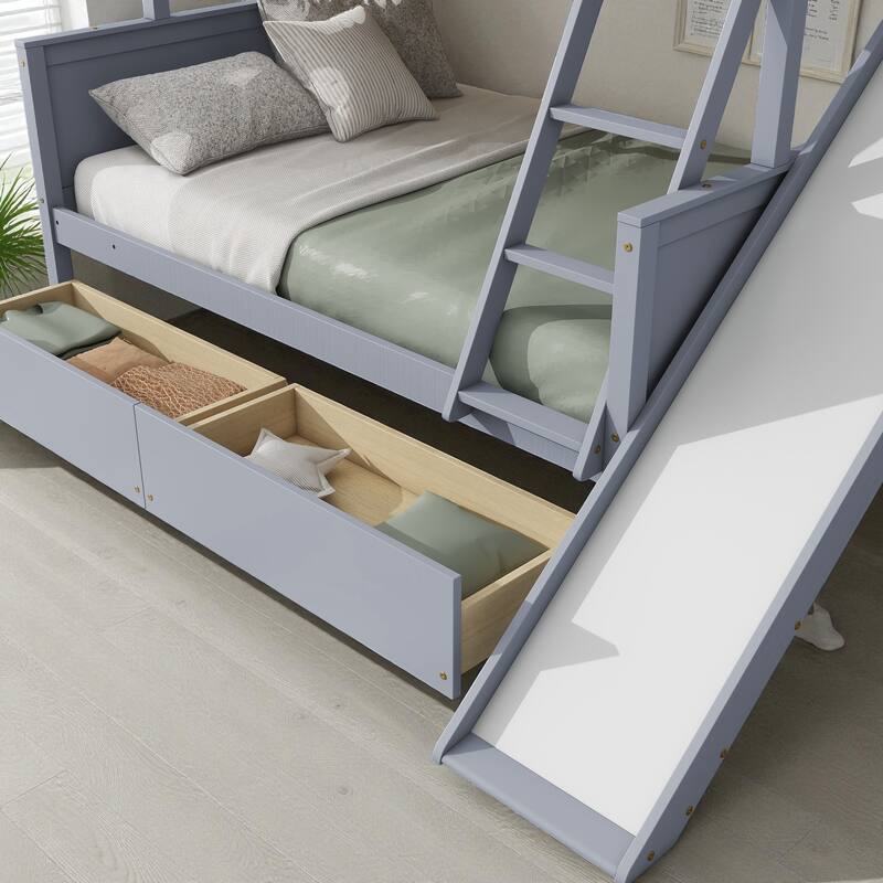 Twin Over Full Rubber Wood Bunk Bed with Slide, 2 Drawers, Shelves and Ladder, Solid Wood Bunk Bed for Kids