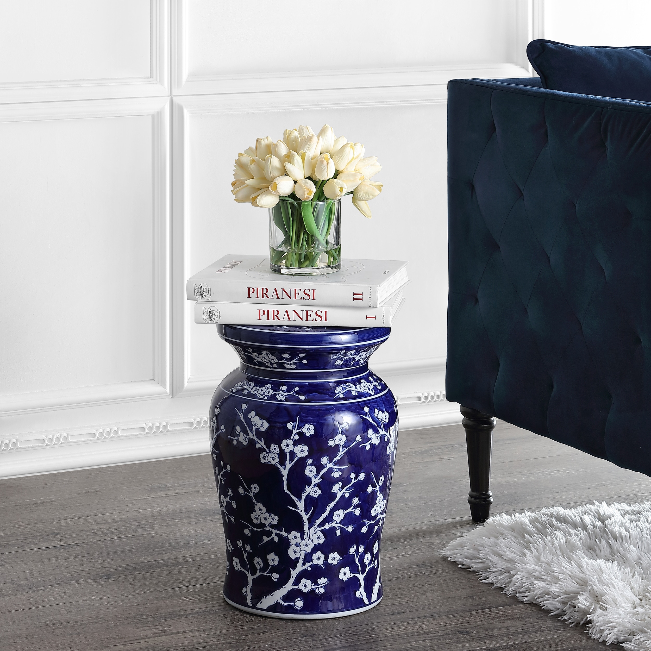 Cherry Blossom Classic Ceramic Garden Stool, Indoor Outdoor Chinoiserie Patio Side Table and Plant Stand