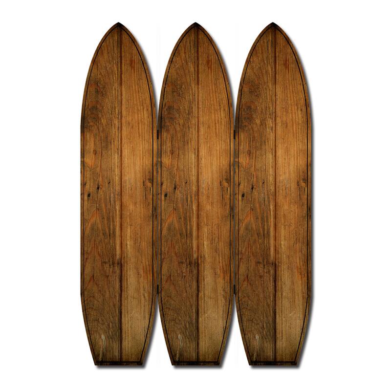 Plank Style Surfboard Shaped 3 Panel Wooden Room Divider, Brown
