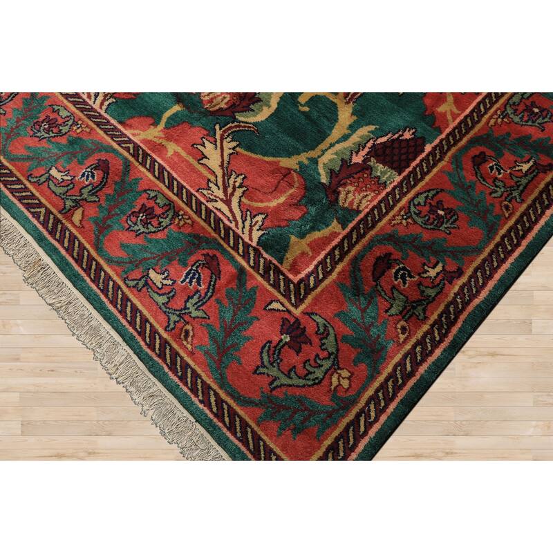 7'9''x9'10'' Hand Knotted Wool Teal-Green Arts & Crafts Boho Plush Pile Rug - 7' 9'' x 9' 10''