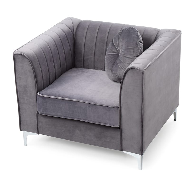 Tufted Channel Quilted Velvet Accent Chair with Round Throw Pillow - 40" - Gray