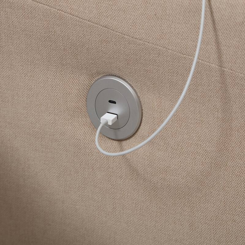 Khaki Button Tufted Linen 3-seater Sofa with USB Ports