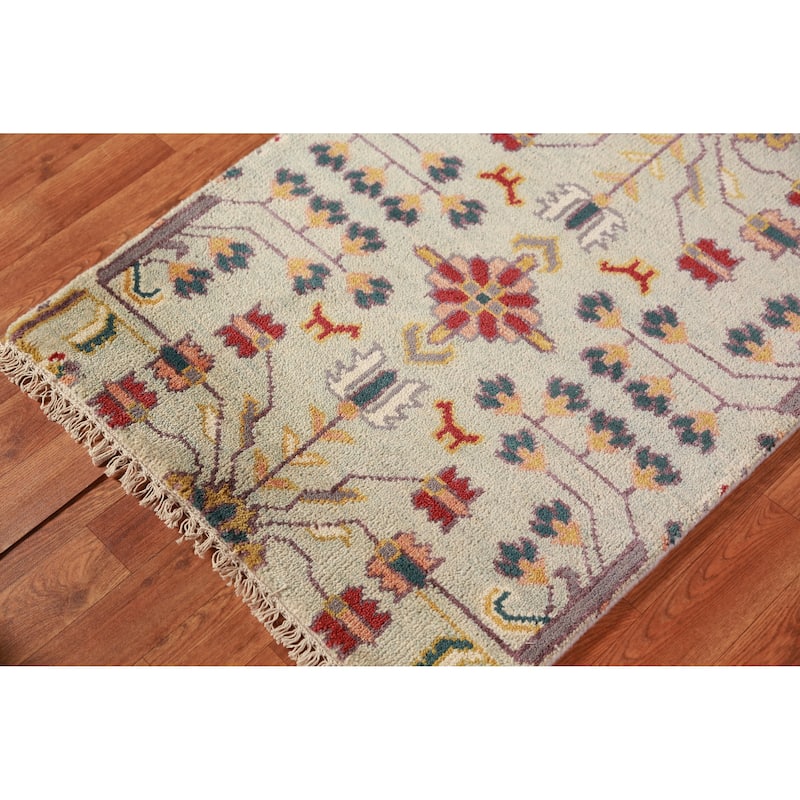 All-Over Muted Green Oushak Runner Rug Hand-Knotted Wool Carpet - 2'6" x 7'10"