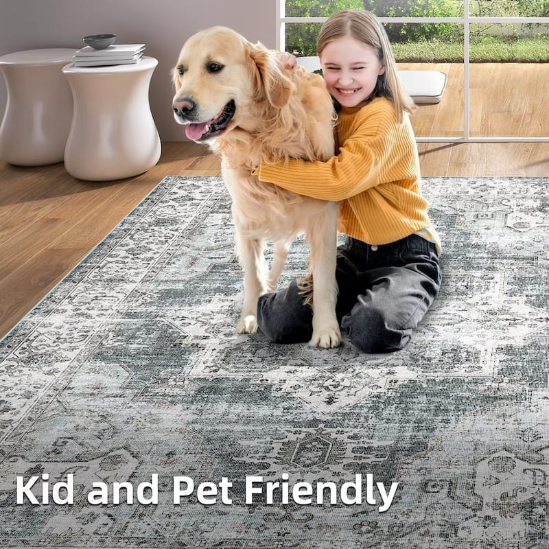 Vintage Rugs for Living Room, Medallion Print Soft Non Slip Low Pile Floor Carpet