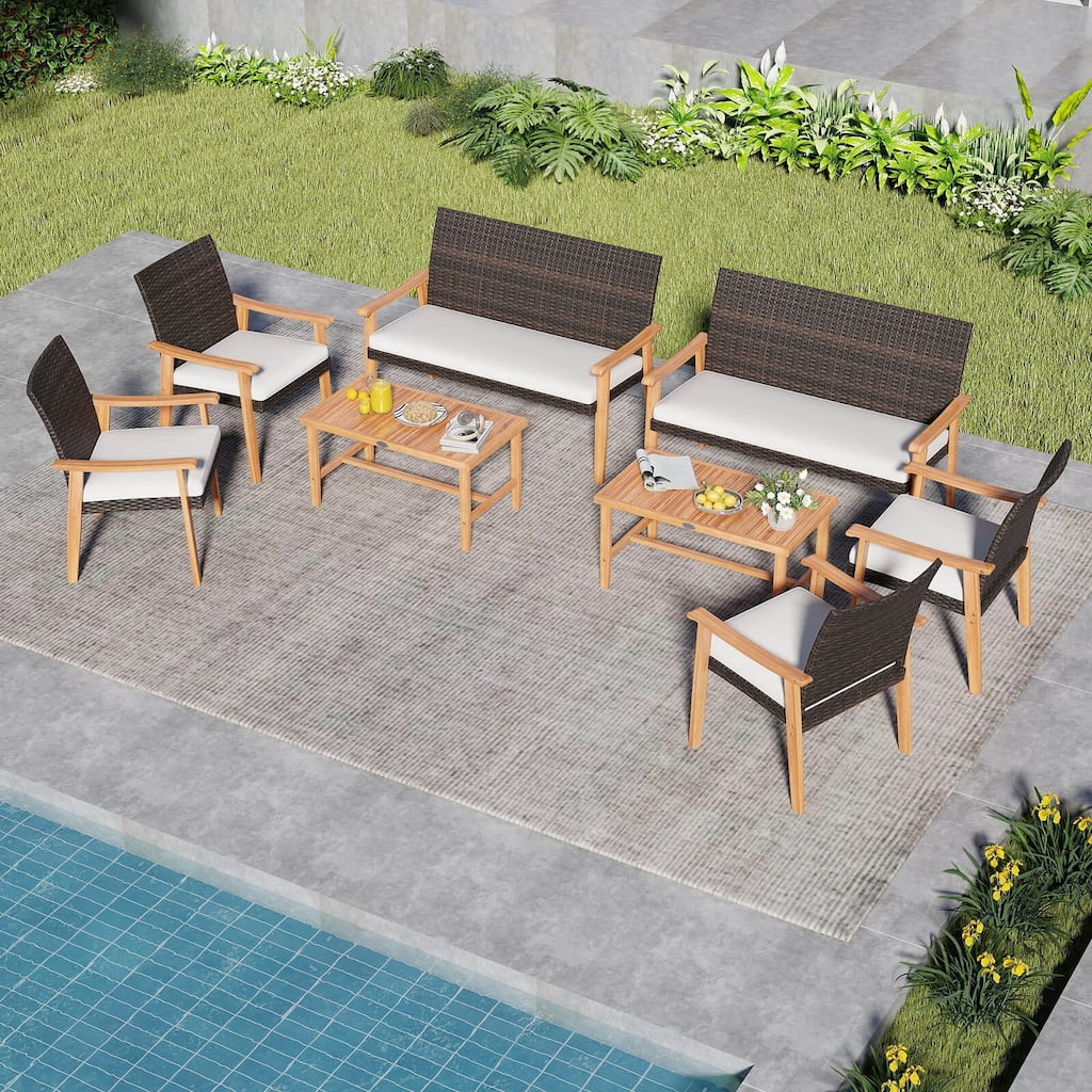 Costway 8 PCS Patio Furniture Set with Acacia Wood Coffee Table & Soft - See Details