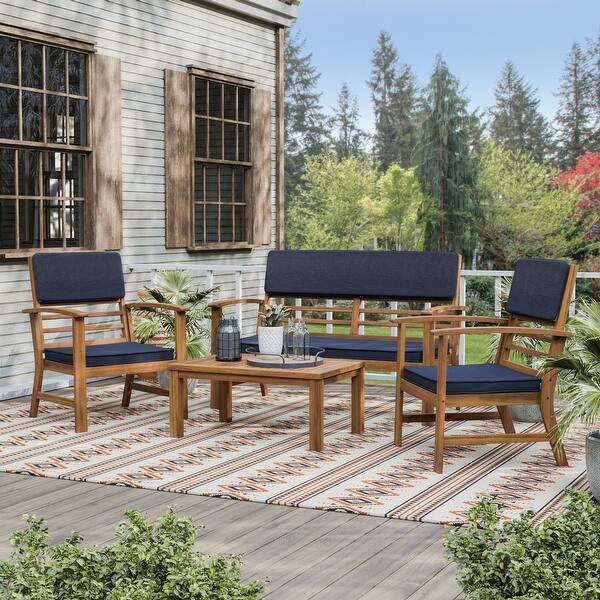 Hana 4piece Acacia Patio Bench & Table Set with Cushions On Sale