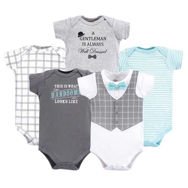 slide 1 of 1, Little Treasure Baby Boy Cotton Bodysuits 5pk, Well Dressed 0-3 Months - Well Dressed Short Sleeve