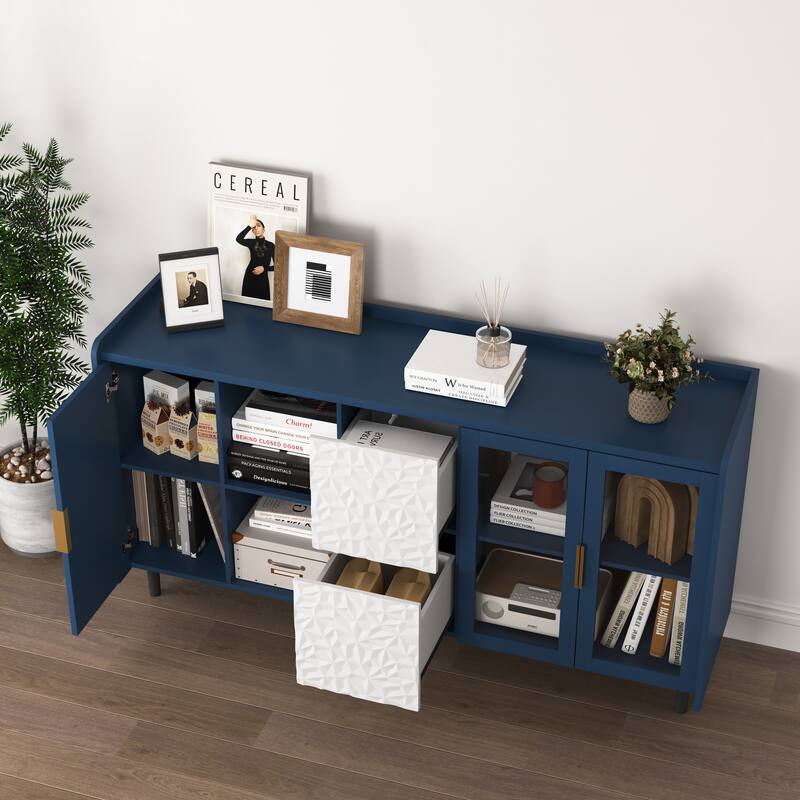 Blue Storage Cabinet Coffee Bar Cabinet Sideboard with 2 Drawers & Glass Doors, Buffet Table TV Console Table Display Cabinet