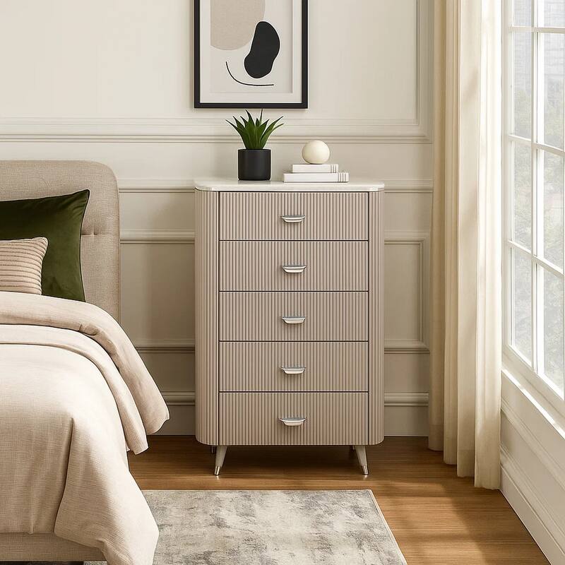 Gema Tall Dresser Chest, 5 Drawers with Cultured Stone Top, Light Gray