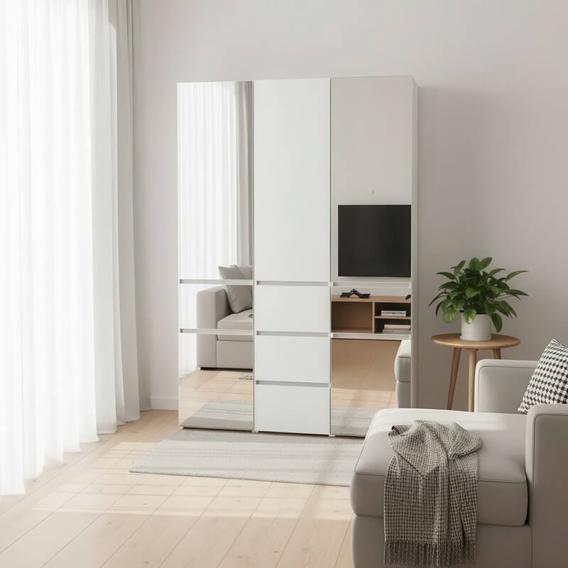 Elise Modular Wood Closet System with Mirror in White - 47.1"D x 17.72"W x 70.9"H