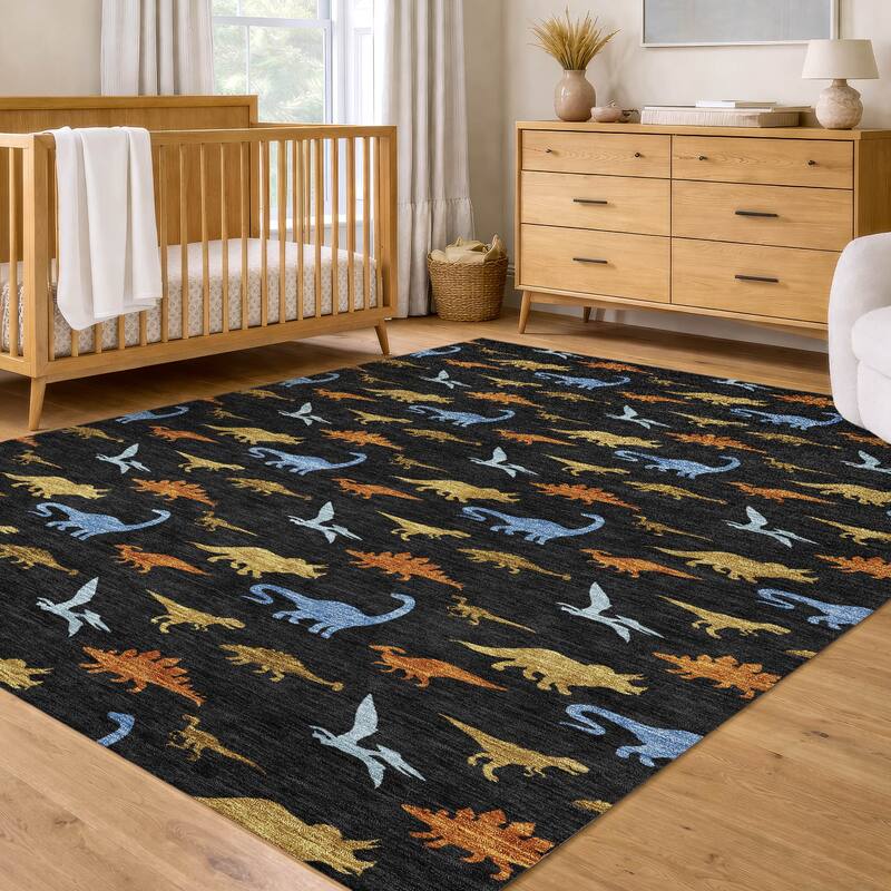 Machine Washable Indoor/ Outdoor Modern Dinosaur Chantille Rug