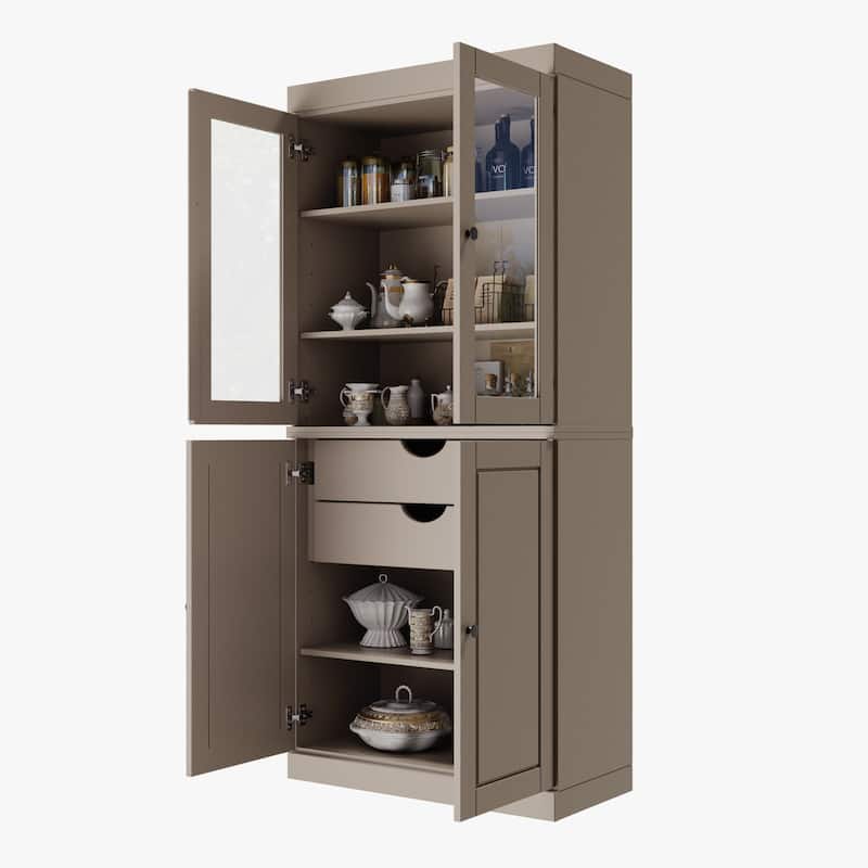 Palace Imports 100% Solid Wood Pantry Cabinet with Frosted, Clear Glass or Solid Doors, 2-Drawers and Adjustable Shelves