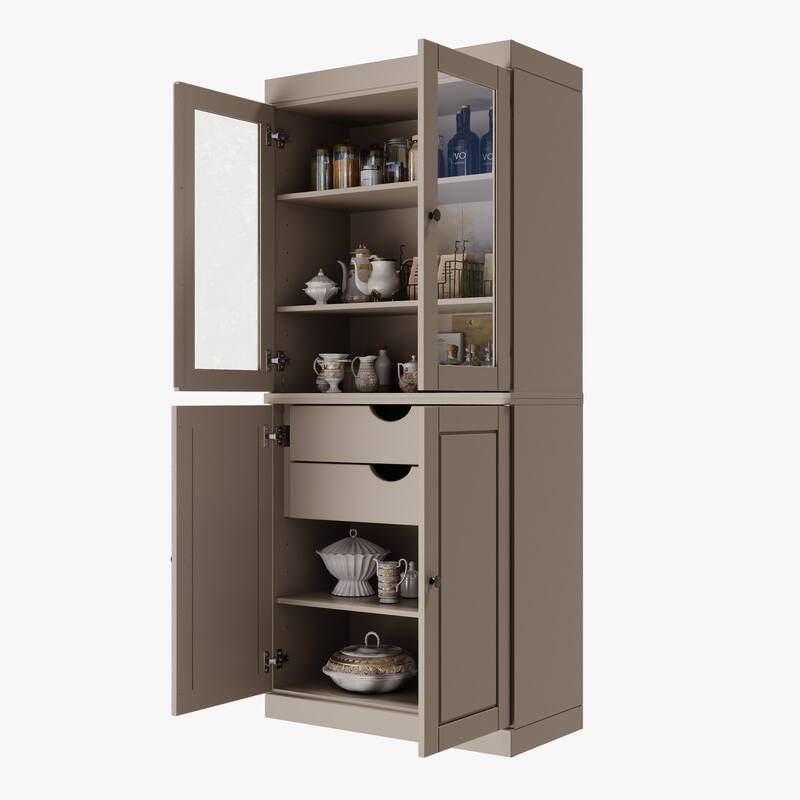 Palace Imports Solid Wood Pantry Cabinet, Raised Panel & Clear Glass Doors, 2 Drawers, Adjustable Shelves