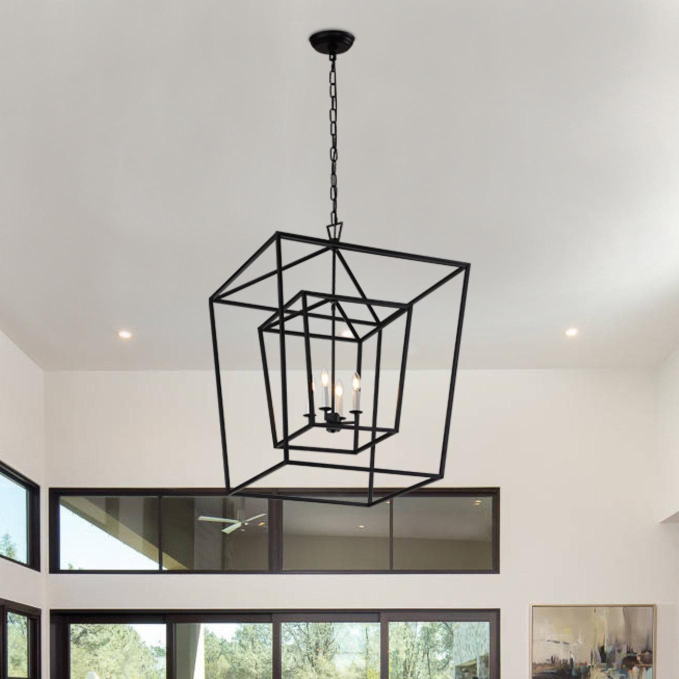 Large Open Cage Black Geometric Double Lantern Ceiling Lamp Chandelier