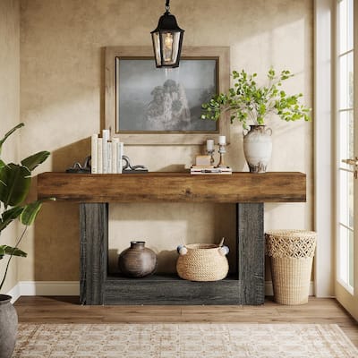 63 Inches Brown/ Gray Wood Entryway Table, Farmhouse Console Table for Entryway
