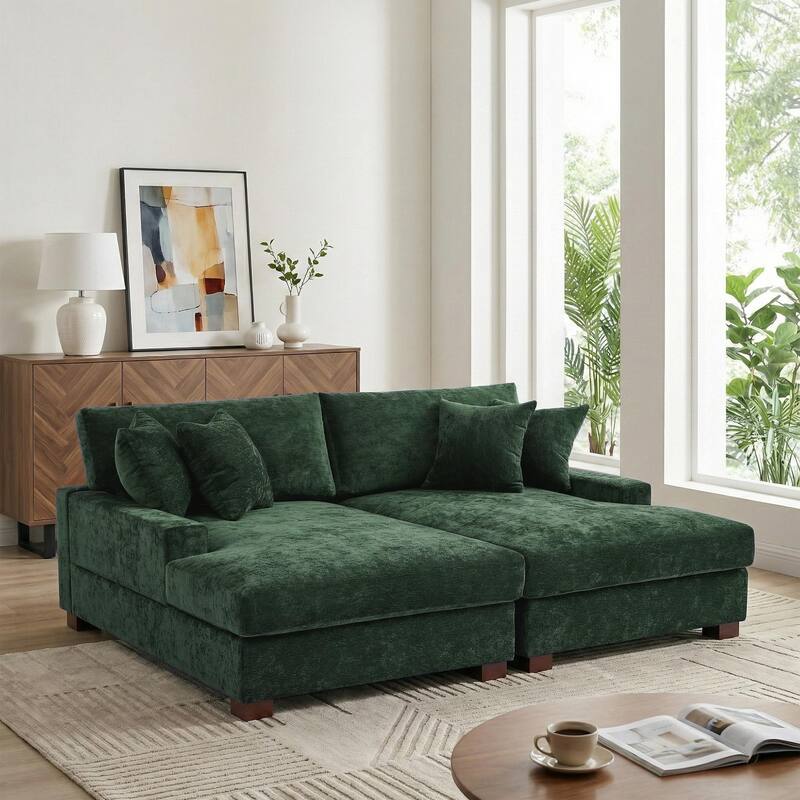 Modern Upholstered Chenille Modular Sectional Sofa with 2 Chaise - Green-2 Piece