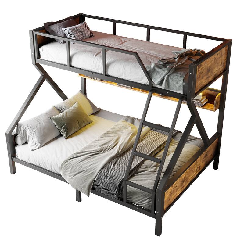 Twin XL over Queen Bunk Bed, Metal Bunk Bed with Storage Shelves and Lights, Space-saving & Noise-free Design, Woodgrain