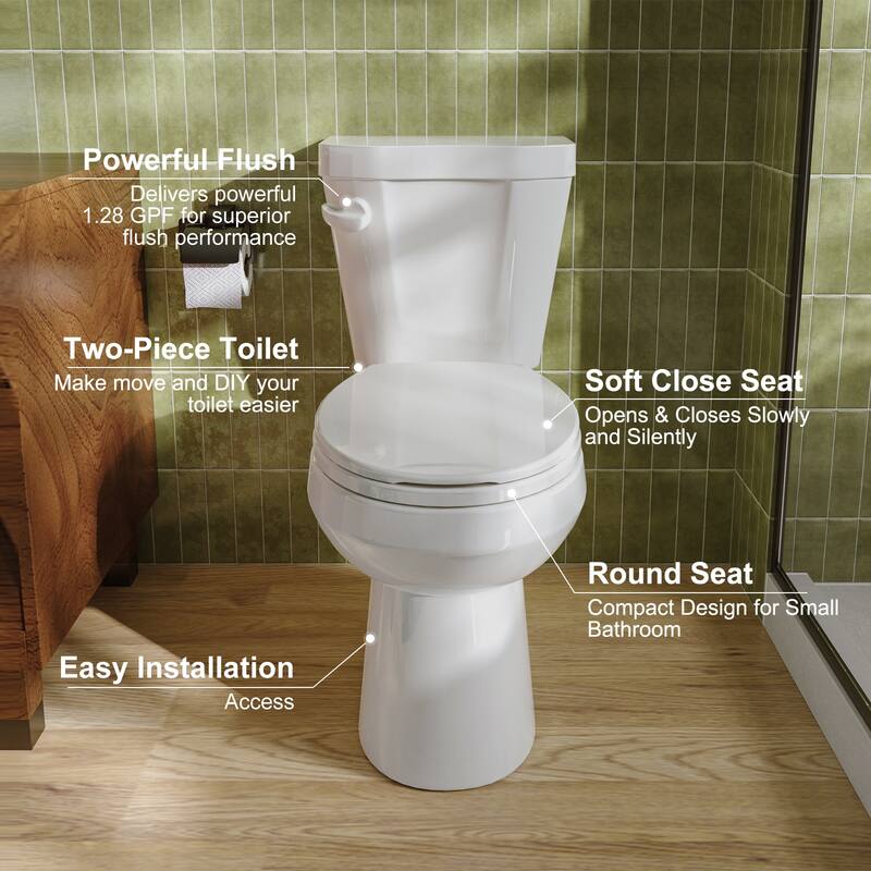 HOROW 2 Piece ADA Height Round Toilet White 1.28 GPF Strong Flush Quiet Soft Close Seat