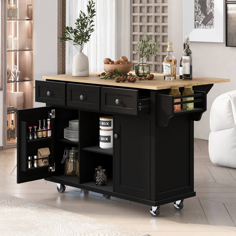 Rolling Kitchen Island Cart with Rubberwood Drop-Leaf Countertop, Storage Cabinet, Drawers & Adjustable Shelves