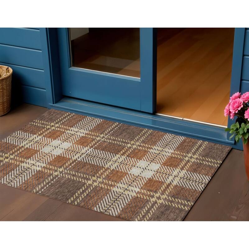 HomeRoots Plaid Transitional Rectangle Outdoor Rug - 3' x 5'