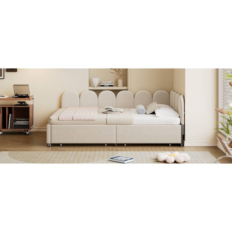 Full Size Velvet Upholstered Daybed with Two Drawers and Soft Headboard