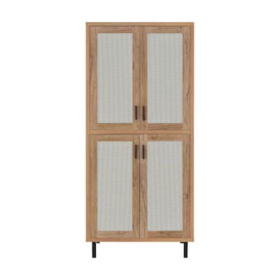 4 Doors Tall Shoe Cabinet with Mesh Panel Design in Natural Oak
