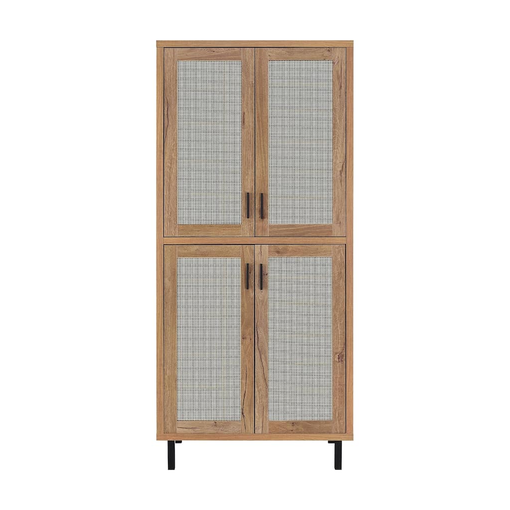 4 Doors Tall Shoe Cabinet with Mesh Panel Design in Natural Oak