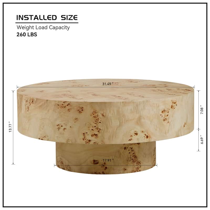 31.49" Mid-Century Modern Round Wood Coffee Table, with Burl Wood Veneer and Sturdy Pedestal, for Living Room