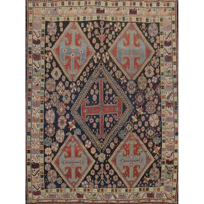 Hand Knotted Oriental 100% Wool Carpet Traditional Tribal Navy Blue & Blues Shiraz Area Rug - 8' 3'' X 7' 2''