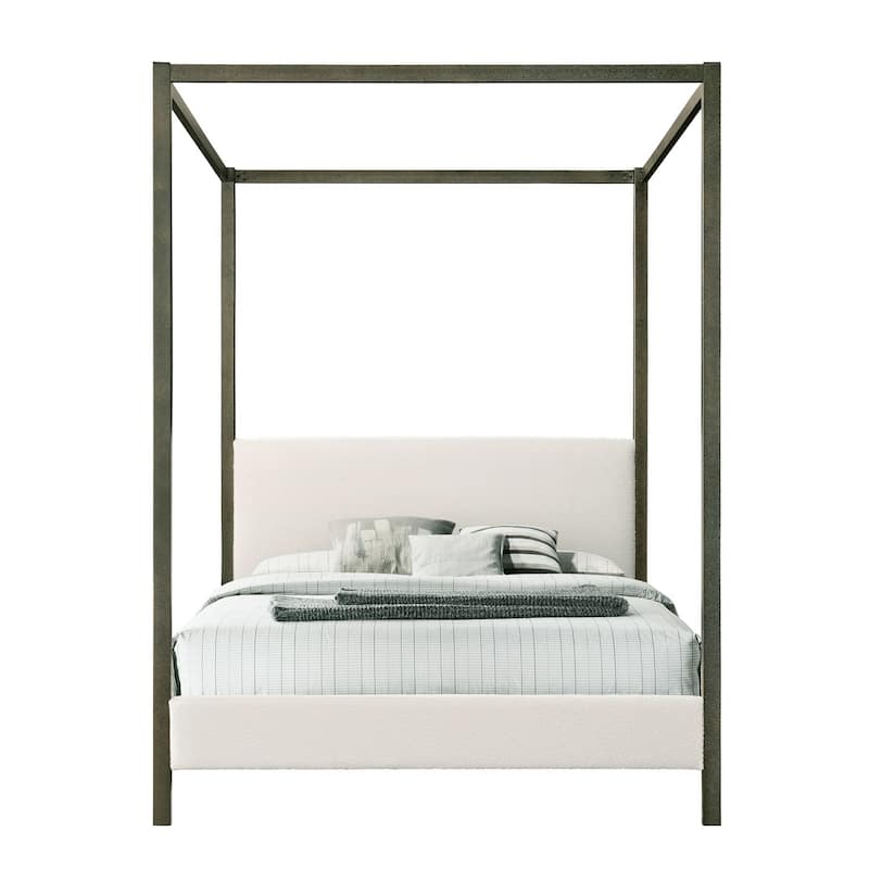 Beecher White Boucle Canopy Queen Bed with Iron Frame