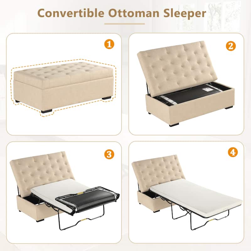 Tufted Sleeper Couch Settee, Ottoman with Folding Sofa Bed, Convertible Ottoman Sleeper with Memory Mattress