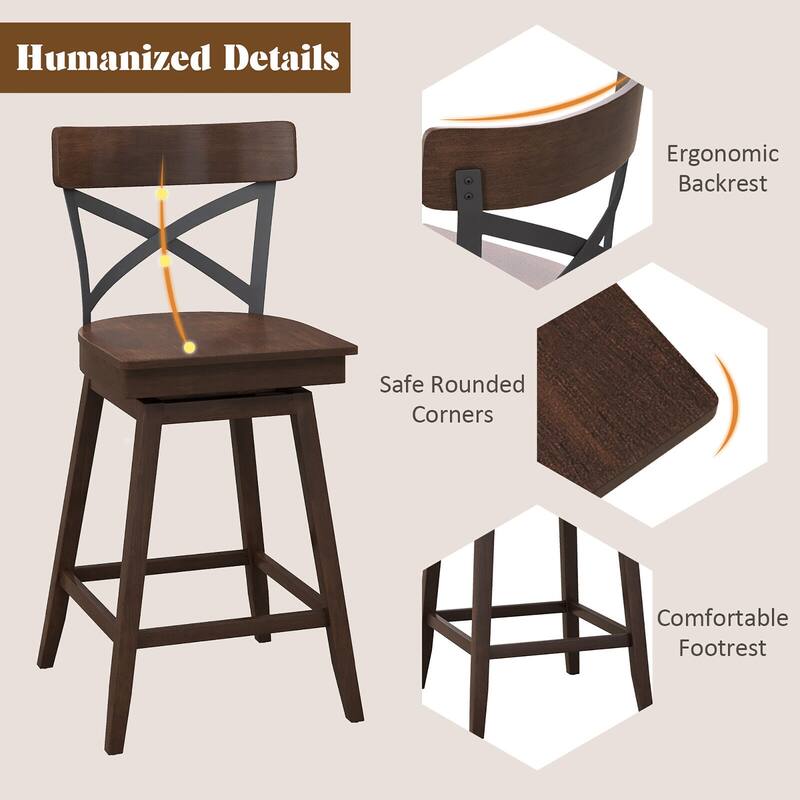 Gymax Set of 2 Wooden Swivel Bar Stools Counter Height Kitchen Chairs