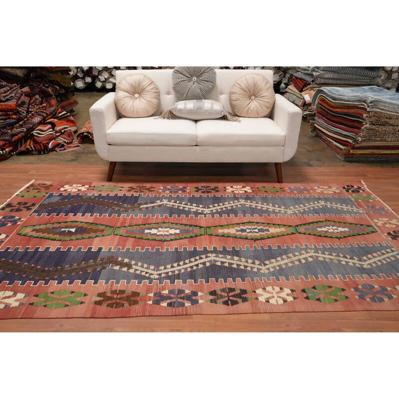 Hand Woven Oriental 100% Wool Carpet Southwestern Tribal Oranges & Rust Kilim Area Rug - 9' 3'' X 5' 1''