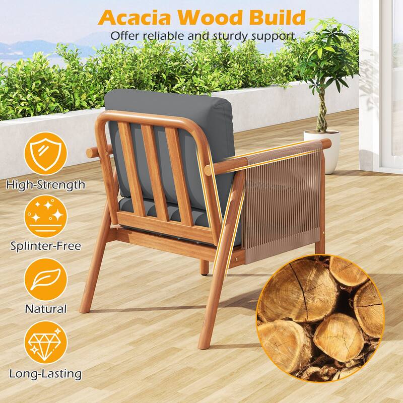 Gymax 4PCS Patio Acacia Wood Chair w/ Woven Rope Armrests & Seat Back