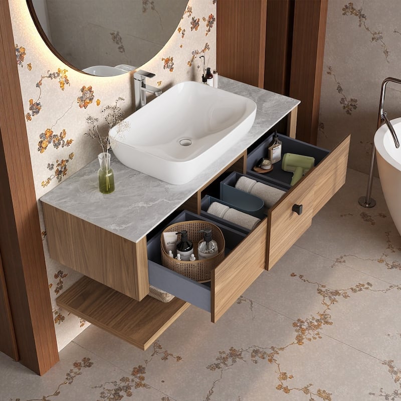 48"Mid Century Modern Wall-Mounted Bathroom Vanities,Single Sink,Brown Wood Texture with Sintered Stone Table top