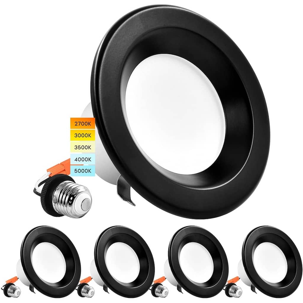 Luxrite 4" LED Recessed Can Lights 10W=60W 5 Color Selectable Dimmable Retrofit Downlights Wet Rated Black Trim 4 Pack