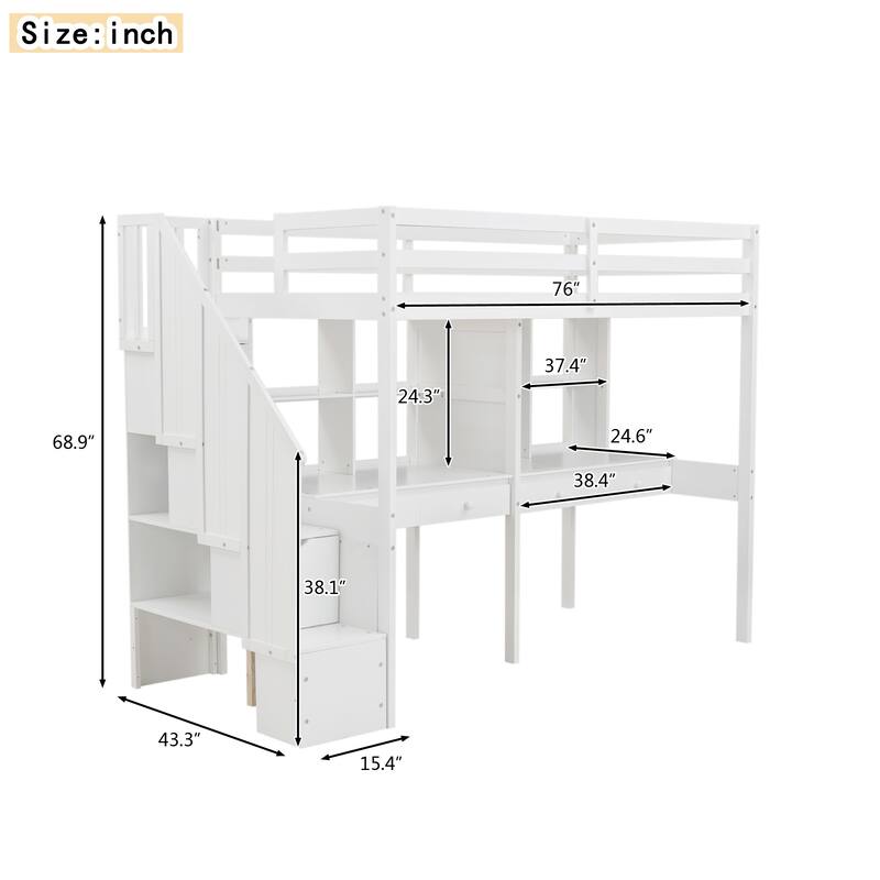 Twin Size Loft Bed Frame with Storage Staircase and Double Desks and Shelves,Gray - N/A