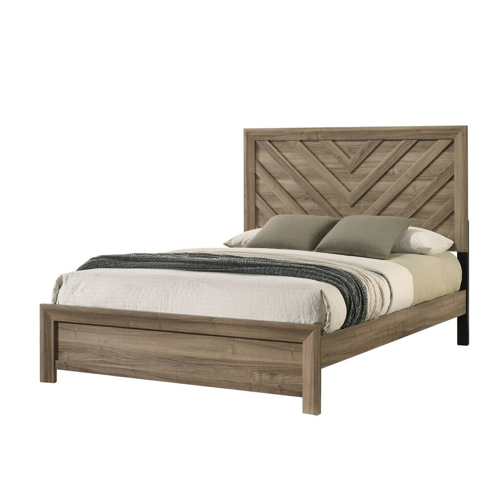 Full Size Chevron-Patterned Headboard Bed in Light Brown Wood Finish
