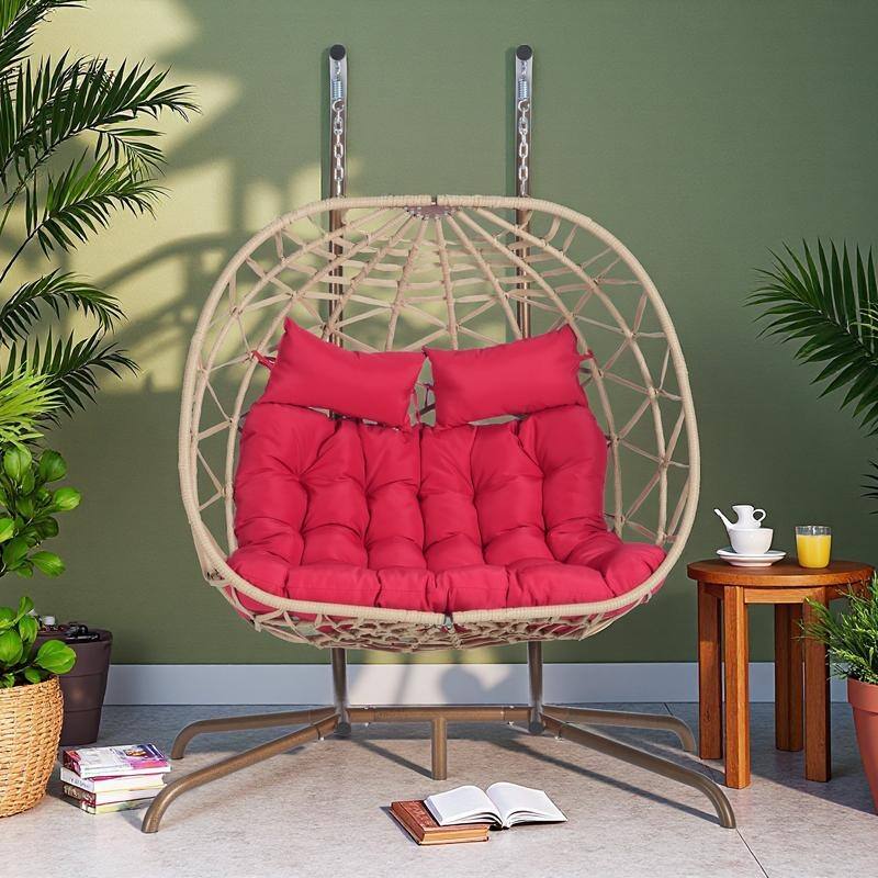 Double Rattan Egg Chair with Stand and UV-Resistant Cushions and Iron Frame - Outdoor Hanging Swing (600lb Capacity)