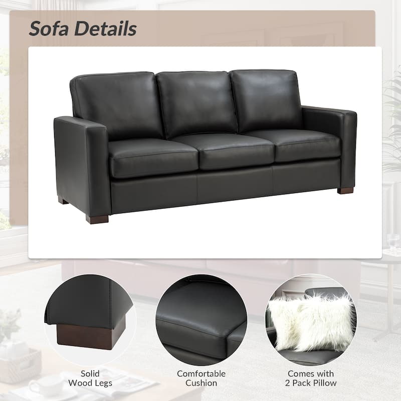 Ernando 83.46" Wide Genuine Leather Sofa with Squared Arms and Pillows