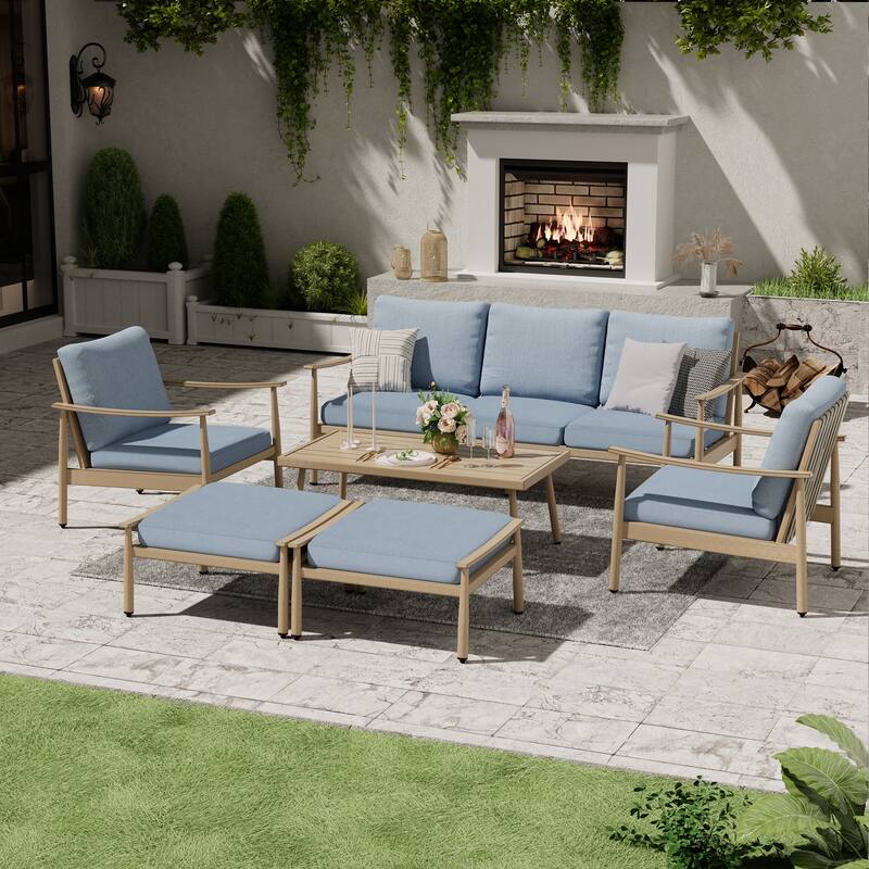 6-Piece Aluminum Patio Conversation Set, 3-Seat Outdoor Couch with Ottomans and Coffee Table