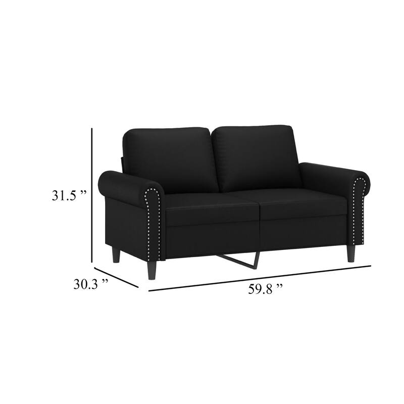 2 Seater Sofa, Nailhead Trim Black Faux Leather Cushions, 60 Inch