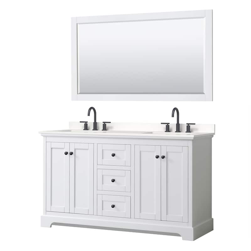 Avery 60-inch Double Vanity, Quartz Top, 58-inch Mirror - White, Black Trim, White Quartz Top