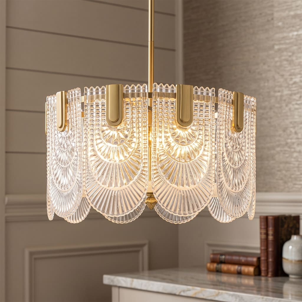 Rennnsan 4-Light Art Deco Gold Clear Glass Chandelier, Adjustable Height for Living Room - 16.1 in. W x 8.7 in. H