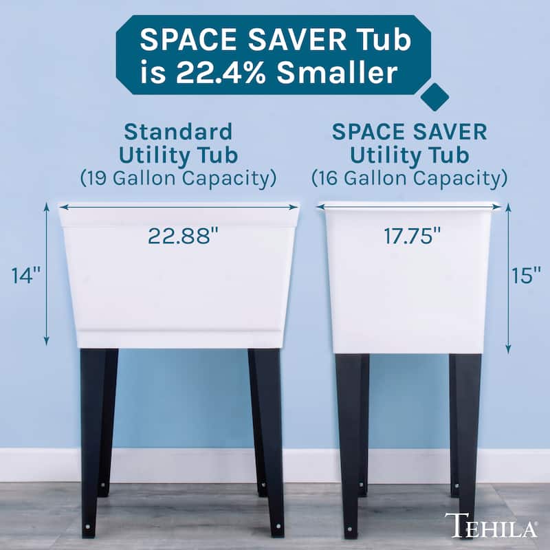 TEHILA White 16-Gallon Space Saver Utility Sink Laundry Tub with Pull-Out Faucet