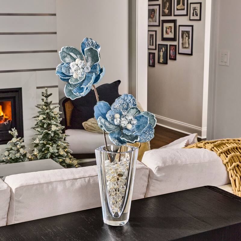 24" Iced With Jewel Encrusted Magnolia Stem - Blue