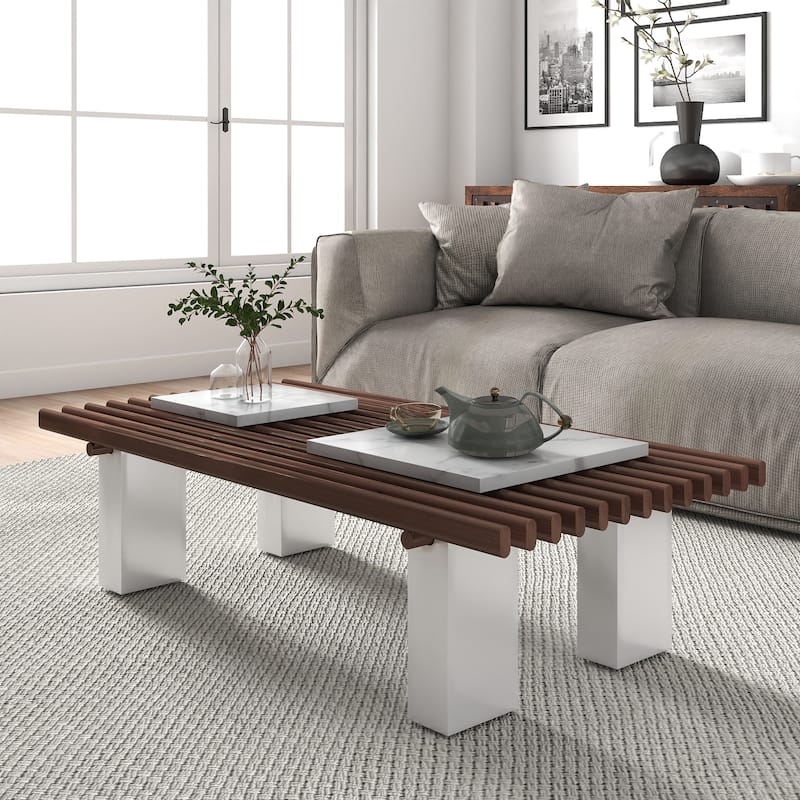 47.24 in. Rectangle Stone Tabletop Coffee Table with Hollow Lattice Design